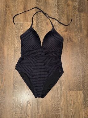 Kenneth Cole Tummy Control Black One-Piece Halter Swimsuit Size L
